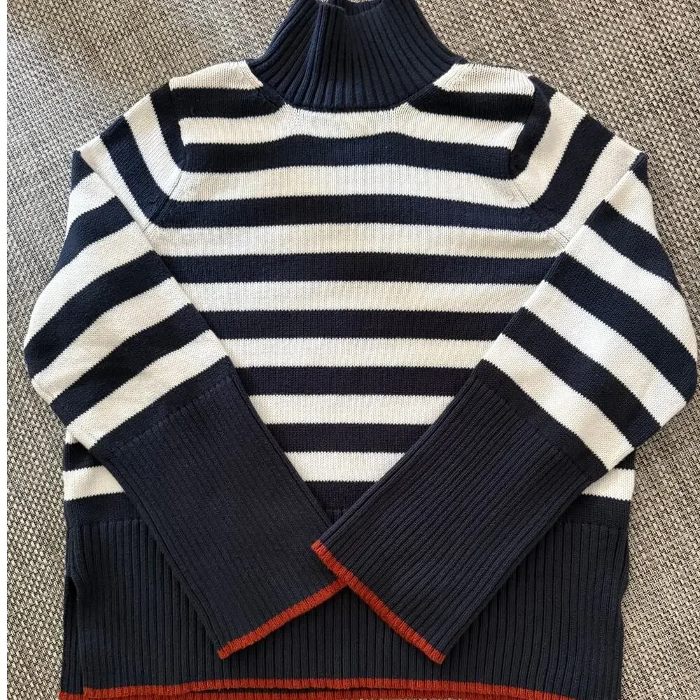 FREE ASSEMBLY 100% Cotton Navy Cream Striped Ribbed Turtleneck Sweater S Coastal - Picture 2 of 6